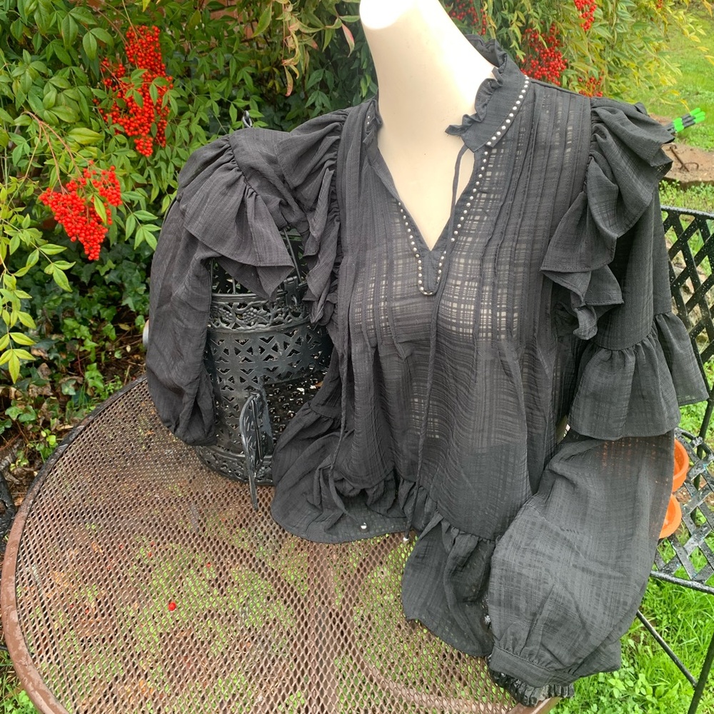 Free Generation ruffle front pirate black chiffon style sheer blouse top - Picture 14 of 15